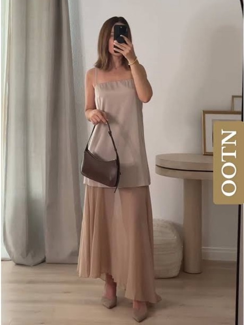 NWT Commense 2 in 1 Semi-Sheer Chiffon Cami Maxi Dress Khaki Size Medium - Picture 4 of 10